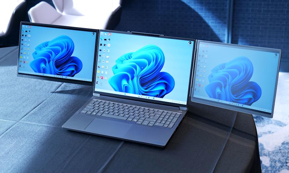 The new ThinkBook 16p Gen 6 with docked with Lenovo's prototype dual 13-inch display add-on.