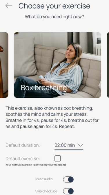 A screenshot from the Moonbird app showing a box breathing exercise