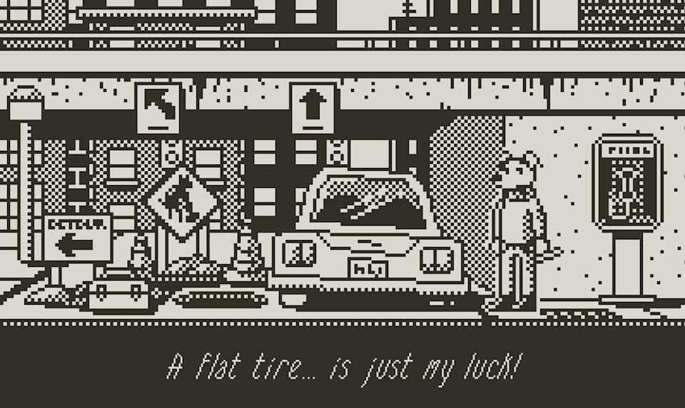 A still from the Playdate game Chance's Lucky Escape showing an anthropomorphized dog standing next to a car in a parking lot, with text below that reads