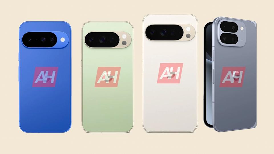 A leaked imaged of a blue Pixel 10, a green Pixel 10 Pro, a white Pixel 10 Pro XL and a gray Pixel 10 Pro Fold.