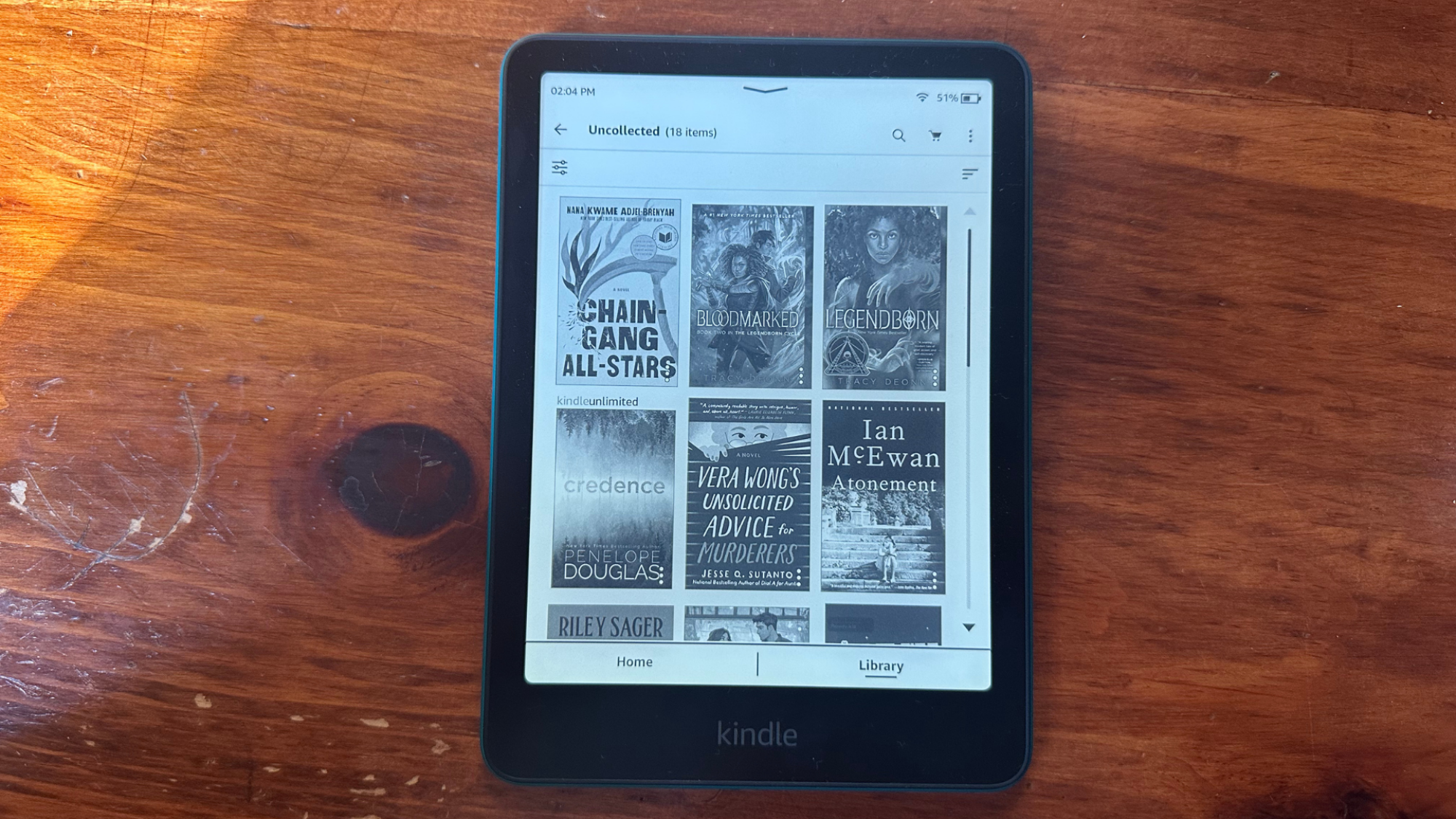 A Kindle showing a the library section.