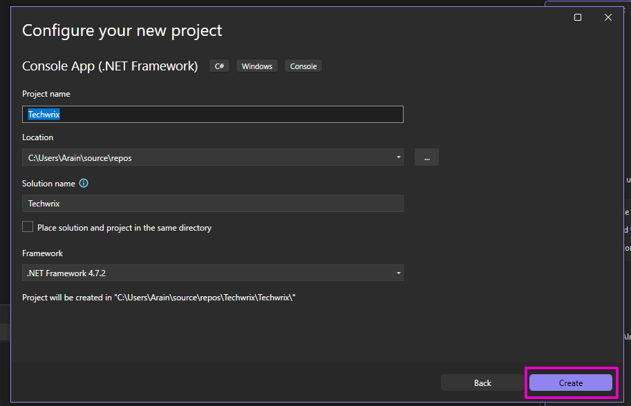 Configure new Console C# Project on Microsoft Visual Studio 2026