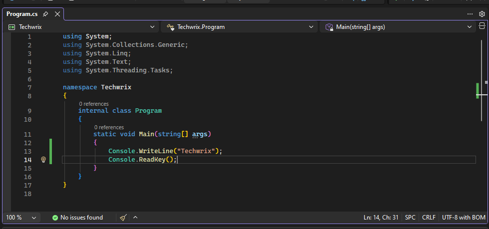 Write code on new Console C# Project on Microsoft Visual Studio 2026