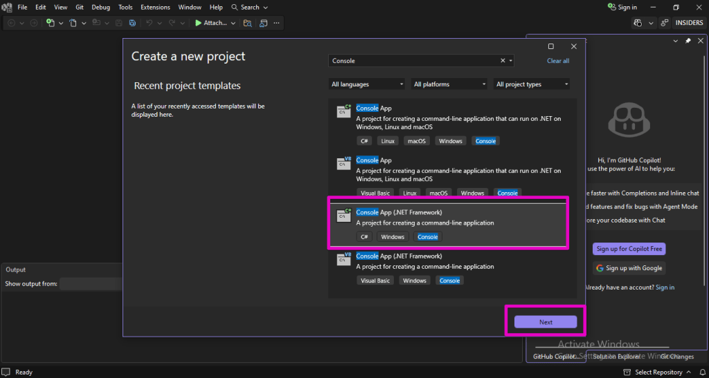 Create new Console C# Project on Microsoft Visual Studio 2026