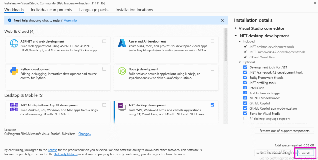 Workloads of Microsoft Visual Studio 2026